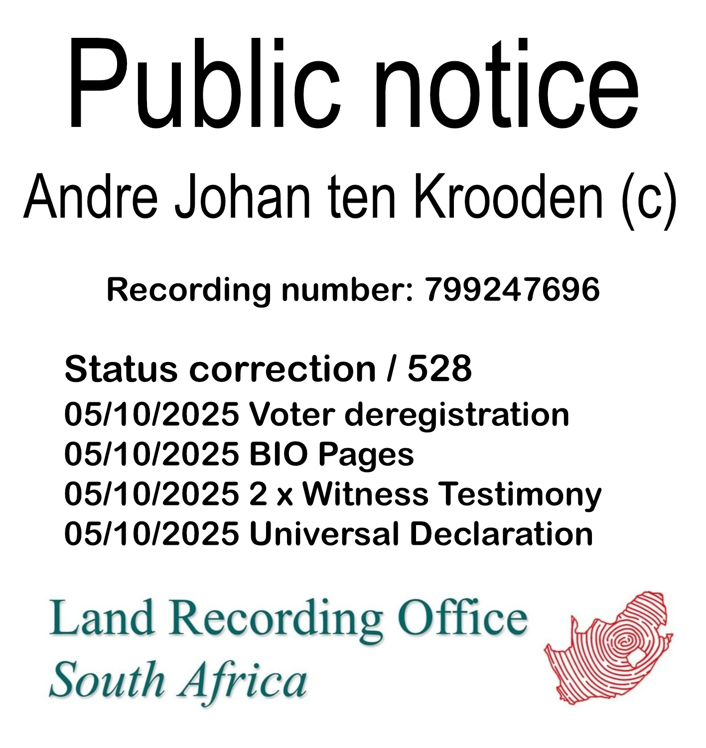Public notice Andre Johan ten Krooden Recording number 799247696